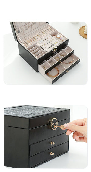 Boite à Bijoux - Coffret Luxueux Noir-boite à bijoux- boite-a-bijoux-en-pu-a-trois-couches-de_description-16-ORNA | Rangement pour Bijoux